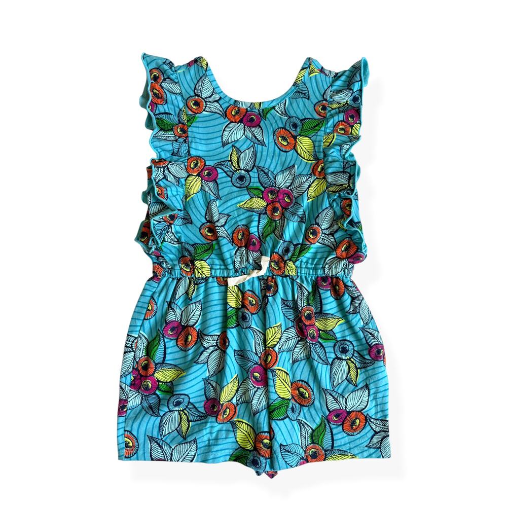 Tea Collection Flutter Sleeve Romper Teal Floral Print Girls 8 Cotton